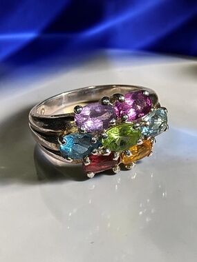 Vintage Multi-Gemstone Sterling Silver Ring - Colorful Oval Stones